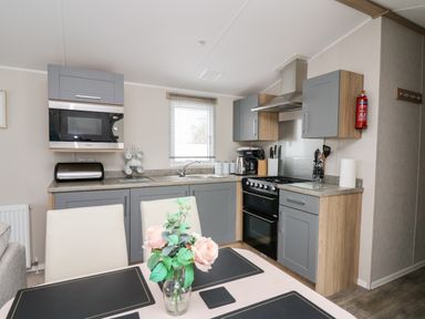 A kitchen with gray cabinets a stove microwave and dining table with flowers at Ystwyth 26 in Borth
