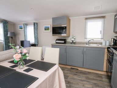 A kitchen and dining area with table and chairs flowers on table microwave and oven at Ystwyth 26 in Borth