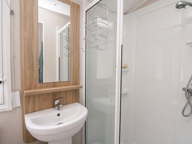 A bathroom with a sink and mirror next to a shower enclosure at Ystwyth 26 in Borth