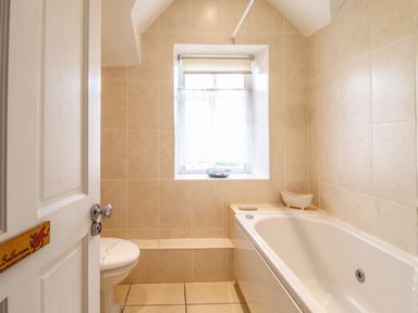 A bathroom with a bathtub toilet and a window at Artro View in Llanbedr
