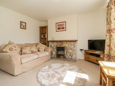 A living room with a sofa cushions fireplace television and round rug at Crooked Well in Timsbury Nr Bath