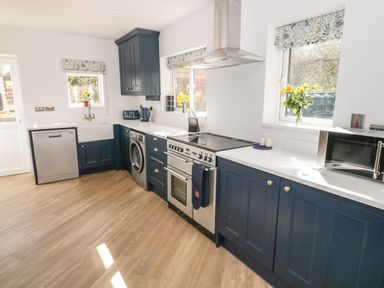 A kitchen with blue cabinets a washing machine a dishwasher a microwave and flowers on windows at Orchard House in Risbury near Leominster