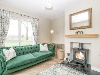 A living room with a green sofa a fireplace with a wood burner a basket with firewood and a window with patterned curtains at Orchard House in Risbury near Leominster
