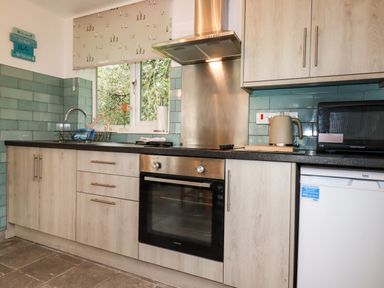 A kitchen with wooden cabinets a stainless steel oven kettle microwave and green tiled backsplash at Blue Sky Cottage Rosecraddoc Lodge near Liskeard