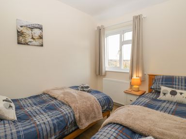 A bedroom with two single beds with blue plaid bedding two sheep cushions a nightstand with a lamp and a window with curtains at The Annex in Drybrook