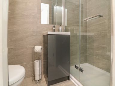 A bathroom with a toilet a sink with a cabinet a shower enclosure and a toilet paper holder at The Old Coach House in Braunton