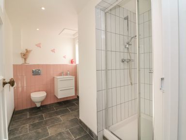 A bathroom with a shower cubicle toilet and wall-mounted sink at The Old Coach House in Braunton