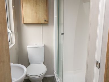 A bathroom with a toilet sink shower and wall cabinet at Daisy Lodge in Cayton Bay near Cayton