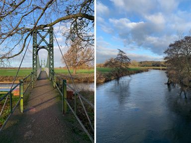 A pedestrian suspension bridge over a river and a river flowing through countryside with trees at Hops Cottage in Doveridge