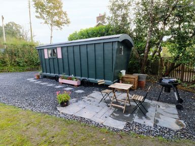 A small wooden cabin with pink shutters a small table and two chairs a barbecue grill and potted plants in a garden at Hazel Nook in Narberth