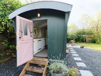 A green garden shed with a pink door open showing white cabinets inside a garden with a stone path and wooden table and chairs at Hazel Nook in Narberth