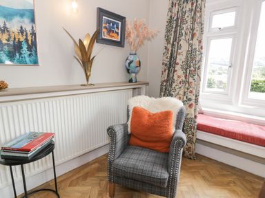 A living room with an armchair and radiator at Pengwern in Llanrwst