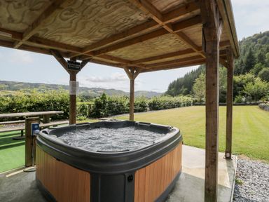 An outdoor area with a hot tub and picnic table at Pengwern in Llanrwst