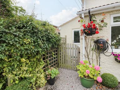 A garden entrance with wooden gate surrounded by green plants and flowers at The Garden House in Upper Quinton near Lower Quinton