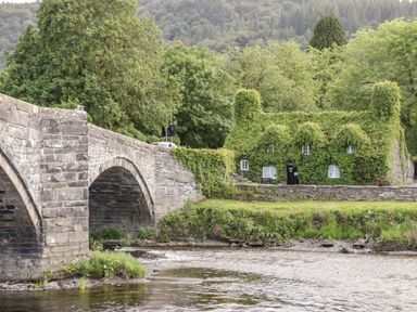 A stone bridge over a river with a house covered in greenery in the background at Afallon in Penmachno