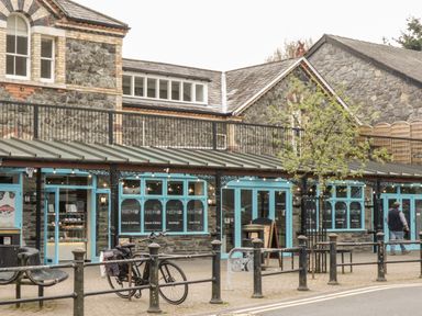A stone building with blue framed windows and doors a bicycle parked outside and a tree in front at Afallon in Penmachno