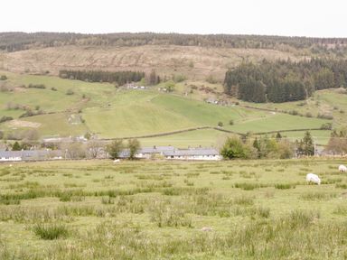 A grassy field with sheep grazing in front of a row of houses and hills in the background at Afallon in Penmachno
