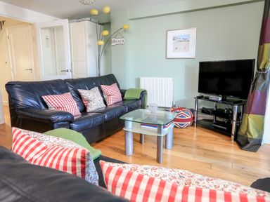 A living room with black leather sofas pillows a glass coffee table tv on stand and a floor lamp at 2 The Bay in Bigbury