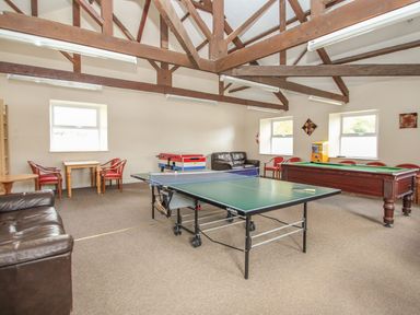 A game room with a ping pong table pool table sofas and chairs at 59 Valley Lodge Callington near Gunnislake
