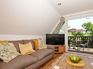A living room with a brown sofa with cushions a wooden coffee table a TV and a balcony with a table and chairs at 59 Valley Lodge Callington near Gunnislake