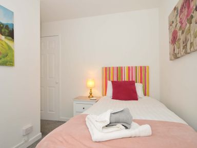 A bedroom with a single bed with striped headboard bedside table with lamp and paintings on walls at 59 Valley Lodge in Callington near Gunnislake