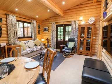 A wooden living room with a sofa and cushions a black armchair a glass cabinet a round dining table with chairs and glasses at Jalan End in Felton