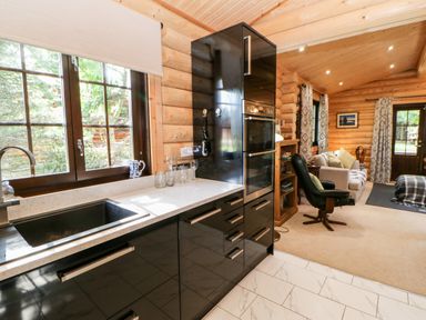 A kitchen area with black cabinets a sink and window next to a living room with a black chair a beige sofa and wooden walls at Jalan End in Felton