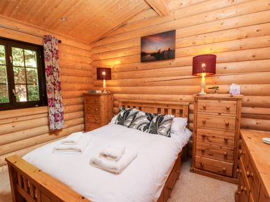 A bedroom with wooden walls a bed between two dressers and a window with floral curtains at Jalan End in Felton