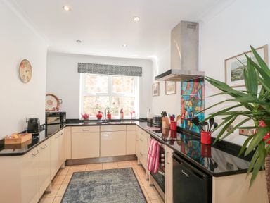 A kitchen with cabinets black countertops a stove a hood and a window with plants on the sill at The Hideaway in Malvern