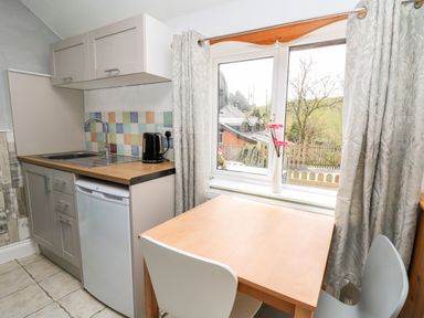 A small kitchen area with a sink kettle and mini fridge beside a wooden dining table with two chairs and a window with curtains at The Nook in Star near Cenarth