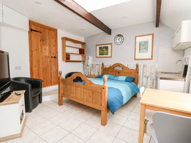 A bedroom with a wooden bed, a black chair, a TV on a stand, a wooden table with chairs, and a small kitchenette at The Nook in Star near Cenarth