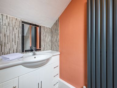 A bathroom with a white sink and cabinet a mirror on a tiled wall an orange painted wall and a black vertical radiator at Pendre Cottage in Cenarth
