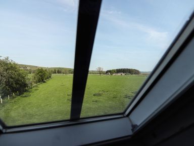 A view of green fields with trees and buildings seen through a window at Greystead Institute in Bellingham