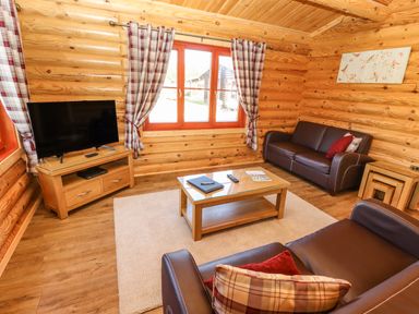A living room with wooden walls two brown sofas a wooden coffee table a TV on a wooden stand and checkered curtains at Rowan Lodge in Greetham Rutland