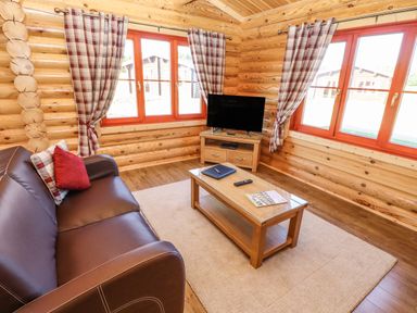 A living room with a brown sofa pillows a wooden coffee table a television on a stand and plaid curtains at Rowan Lodge in Greetham Rutland