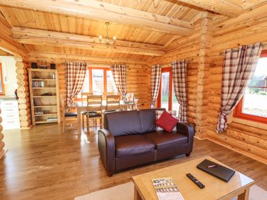 A living area with a brown leather sofa a wooden dining table and checkered curtains at Rowan Lodge in Greetham Rutland