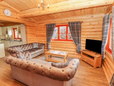 A living room with sofas a coffee table a TV on a stand and plaid curtains at Maple Lodge in Greetham Rutland