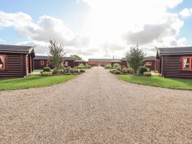A gravel driveway leading to wooden lodges with orange framed windows and green lawns at Maple Lodge in Greetham Rutland