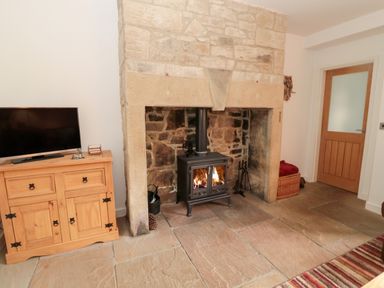 A stone fireplace with a wood-burning stove next to a wooden cabinet with a television at Grange Cottages in Alnwick