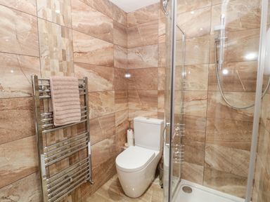 A bathroom with a toilet a glass shower enclosure and a towel radiator at Grange Cottages in Alnwick
