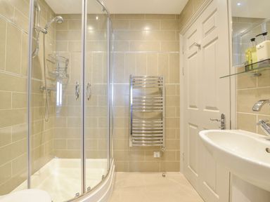 A bathroom with a glass shower enclosure a towel warmer a white door and a sink with soap dispensers at 17 Burgh Island Causeway Bigbury-On-Sea