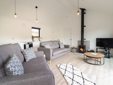 A living room with two gray sofas a wood stove a TV on a stand and a round coffee table at The Sheep Shed in Llanrhaeadr-Ym-Mochnant