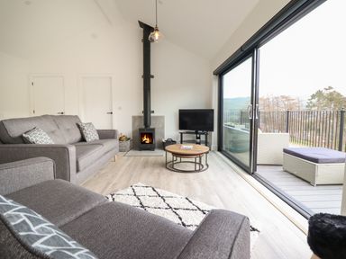 A living room with gray sofas a wood stove and a sliding door leading to a balcony at The Sheep Shed in Llanrhaeadr-Ym-Mochnant
