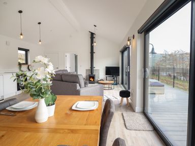 A dining table with plates and a vase of flowers facing a living room with a gray sofa wood stove tv and large sliding glass doors at The Sheep Shed in Llanrhaeadr-Ym-Mochnant