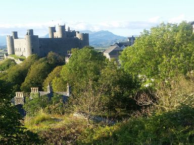 A stone castle on a hill surrounded by trees with houses and mountains in the background at Gerlan in Harlech