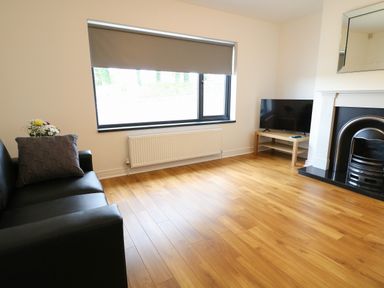 A living room with a black sofa a gray pillow a TV on a wooden stand a fireplace and a window with a roller blind at Gatehouse in Moville County Donegal