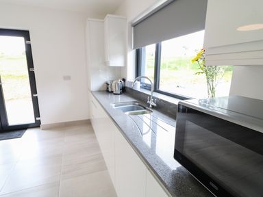 A kitchen with white cabinets a black microwave a sink a kettle and flowers on the counter at Gatehouse in Moville County Donegal
