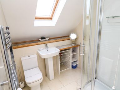 A bathroom with a toilet sink shower a skylight window and shelving at Alice Cottage Wheal Kitty near St Agnes