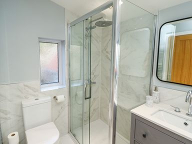 A bathroom with a toilet shower cubicle and a sink with a mirror at Mariners Watch in Whitby