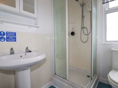 A bathroom with a pedestal sink a walk-in shower and a toilet at Summer Breeze in Tregolds near St Merryn